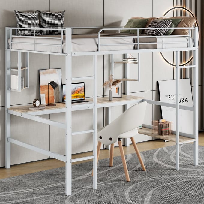 Sweiko Hoogslaper 90x200 cm, bureau en planken, metalen bedframe, zonder matras, wit