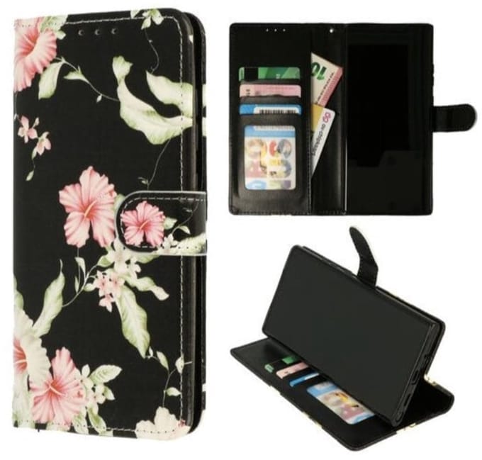Cityhoesje Bookcase iPhone 14 Pro – Print Bloemen Zwart
