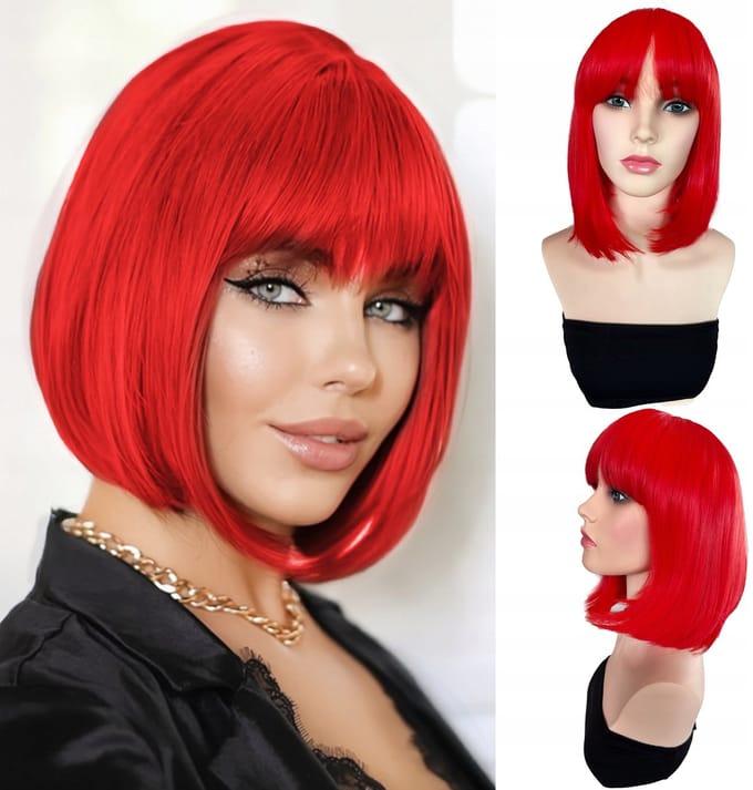 Synthetische Bob Pruik Rood Kort 35cm met Pony - Natuurlijke Look
