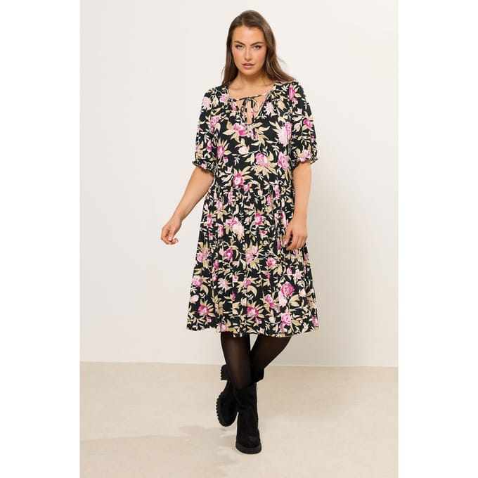 Yours Zwarte Minijurk Met Bloemenprint En Strik Size 48