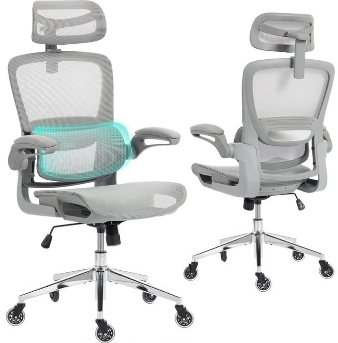 Ergonomische Bureaustoel - Office Chair - met 3D-hoofdsteu - Verstelbare armleuningen - Lendensteun - Grijs