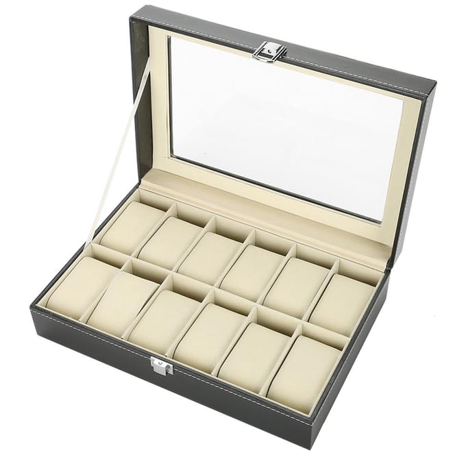 12 Vakken PU Leer Horloge Display Case Opbergdoos Organizer Horloge Sieraden Display Doos gray