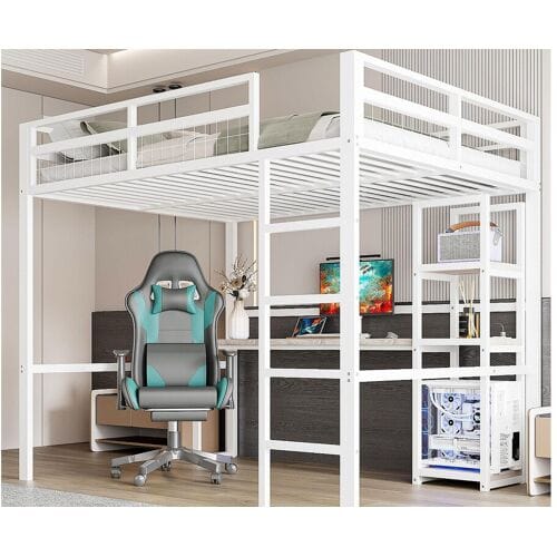 ModernLuxe Verlichte mezzanine 140x200 cm - met bureau - met USB + Type-C - leuning - ladder - wit (zonder matras)