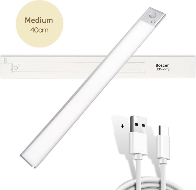 Boscer Led Lamp - 40 CM - Bewegingssensor - Lichtsensor - Magnetisch - USB-C Oplaadbaar - Trapverlichting - Keukenlamp - Nachtlamp - LED Strip
