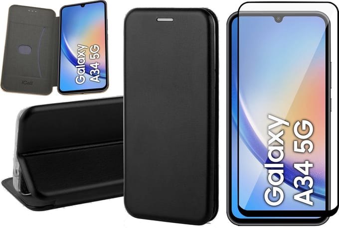 Hoesje geschikt voor Samsung Galaxy A34 - Screen Protector FullGuard - Book Case Kunstleer ThinShield Zwart & Screenprotector