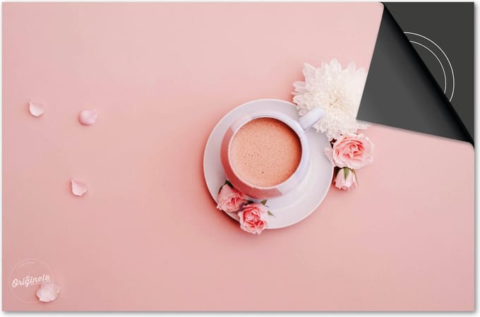 Inductie beschermer 59x52 - afdekplaat inductie mat - Dietrix Kookplaat beschermer - Base - Koffie en Chocola - Roze Koffie en bloem