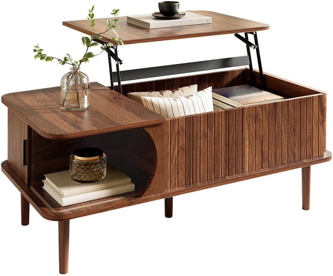 Salontafel - Liftfunctie Met Schuifdeur - Verticale Ribbelstructuur - MDF Hout - Walnootkleur