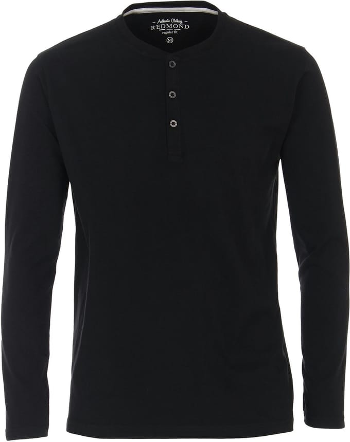 Redmond regular fit T-shirt - lange mouw O-hals met knoopsluiting - zwart
