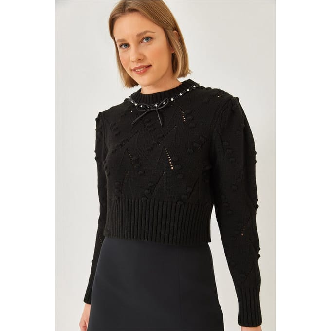 Geweven Geborduurd Crew Neck Fitted Crop Sweater