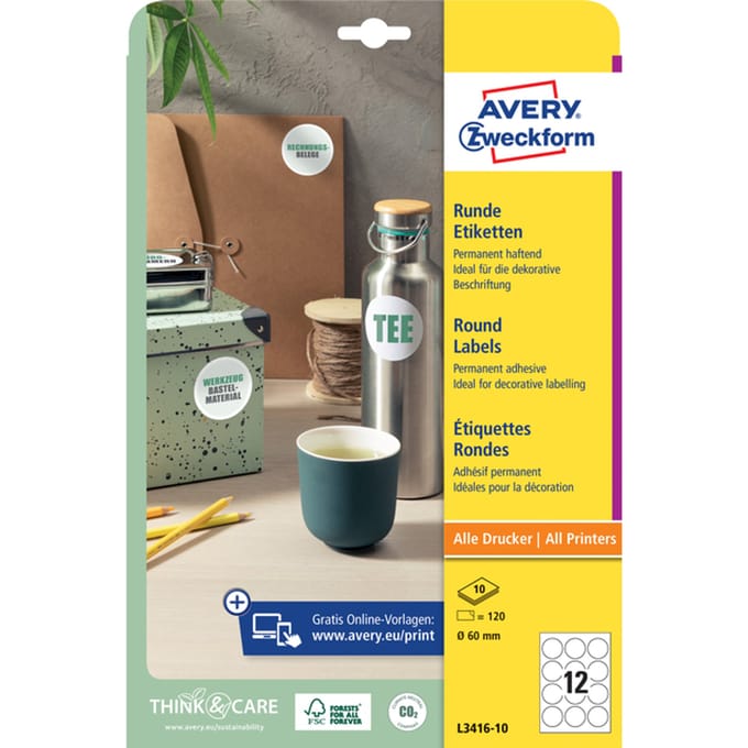 Etiket Avery 60mm rond wit 10 vel 12 etiketten per vel
