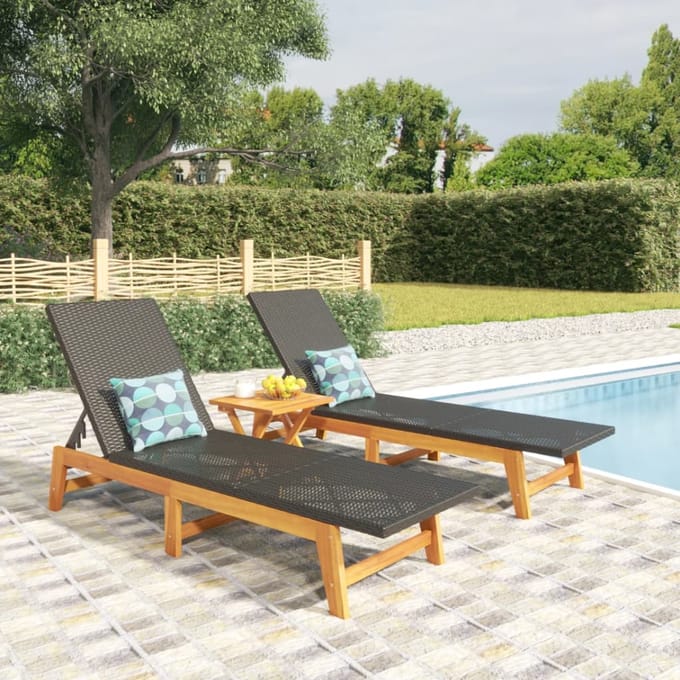 vidaXL - Ligbedden - 2 - st - poly - rattan - en - massief - acaciahout - zwart - en - bruin