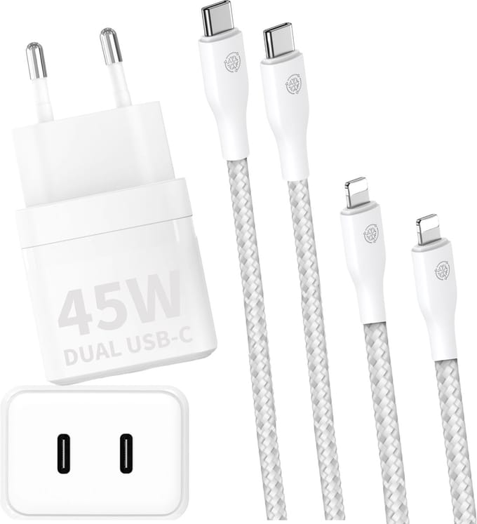 Dual usb C Adapter 45w + Oplaadkabel geschikt voor iPhone 14 / iPhone 13 / iPhone 12 - 2 Meter