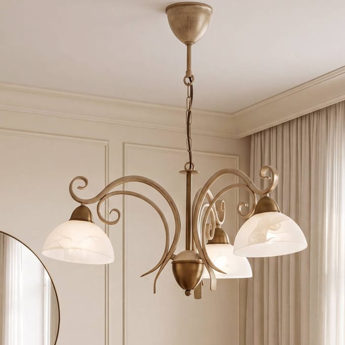 Luminex Kroonluchter Flora, drie glazen kappen, wit/messing