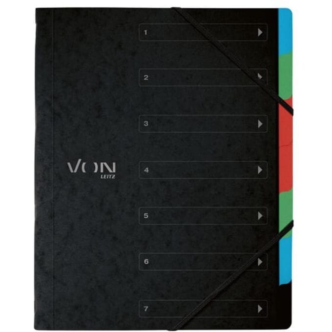 VON Leitz 5-pack A4 6-vaks projectmap, met tabbladen, draagbaar, lichtgewicht kartonnen documentenopbergsysteem, met elastische sluiting, zwart, 30140095