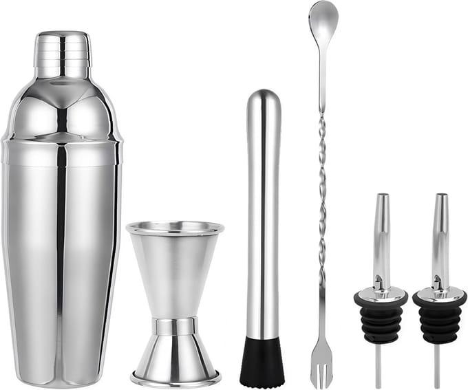 Cocktail Shaker Set - 6-Delig 700ml Shaker met Zeef, Stamper, Jigger, Menglepel & Schenkhulp - Zilver - 1 Set