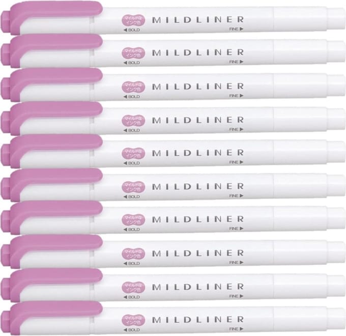Zebra Mildliner Double-Sided Highlighter - Fine / Bold – Mild Magenta Set van 10 + een Luxe Zipperbag - WKT7-MMZ