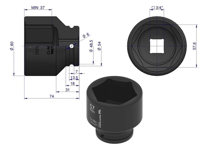 Slagdoppen 3/4" 57 mm CrMo DIN 3129 - Waryński