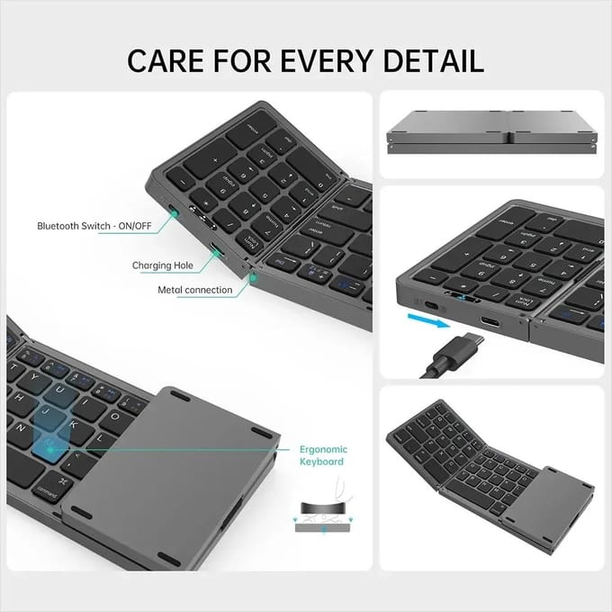 Opvouwbaar Draadloos Bluetooth Toetsenbord Oplaadbaar Vouwtoetsenbord Voor IPAD Mobiele Tablet Notebook Kantoor Mini Draadloos toetsenbord Dual-Folding zwart