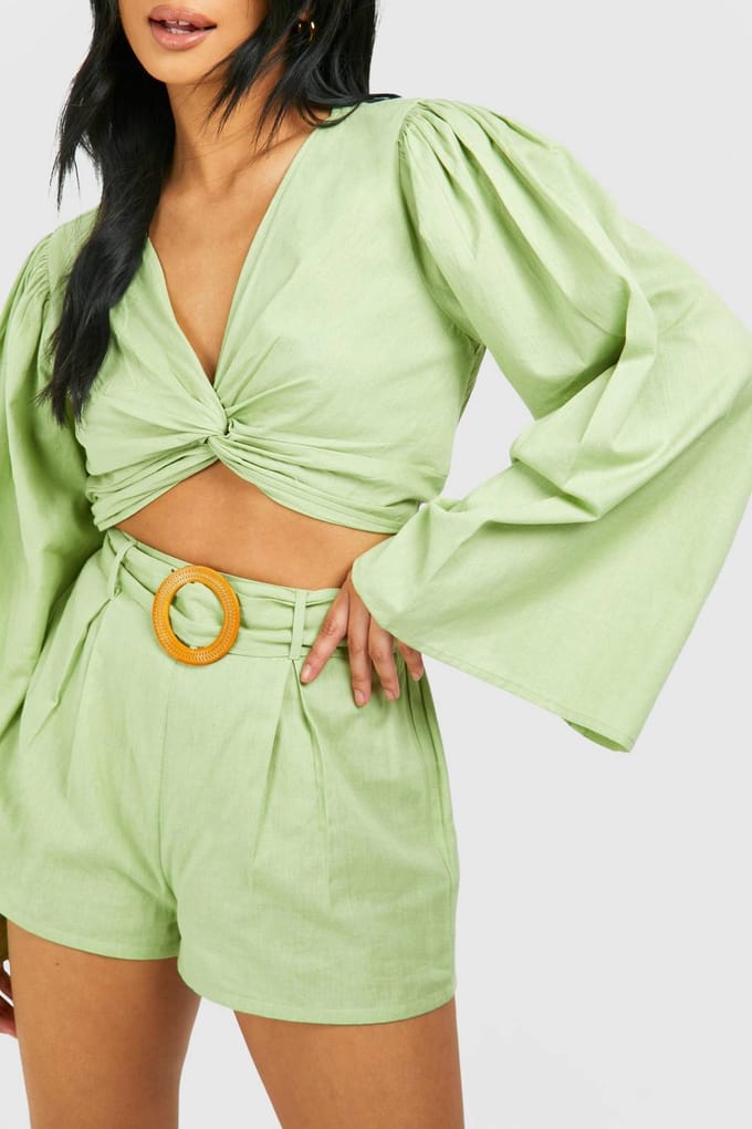 boohoo Dames Petite Linen Look Belted Short | Verstandig | Maat: 42