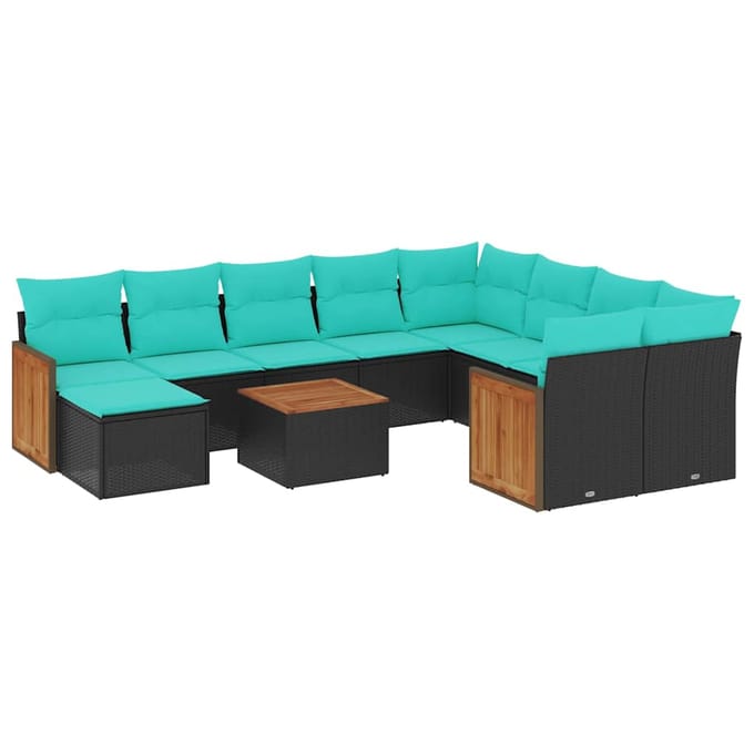 vidaXL - 11-delige - tuinbankset - met - kussens, - zwart - polyrotan