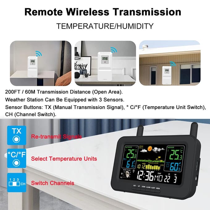 Weerstations Draadloze binnen-buitenthermometers LCD-kleurendisplay Temperatuur-vochtigheid EU Plug