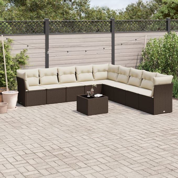 vidaXL - 10-delige - Loungeset - met - kussens - poly - rattan - bruin