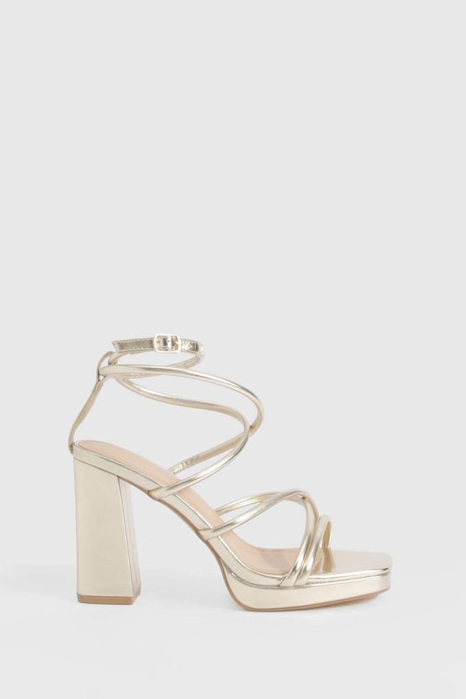 boohoo Dames Metallic Cross Strap Platform Heels | Goud | Maat: 36