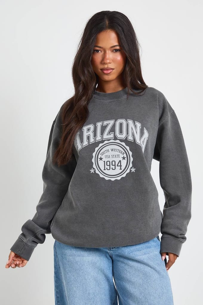 boohoo Dames Arizona Bedrukt Gewassen Oversized Sweatshirt | Houtskool | Maat: XL