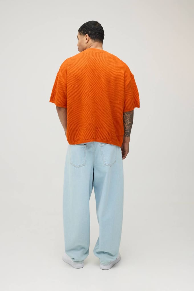 Oversized Geometric Textured Stitch Knitted T-Shirt | Orange | Size Small