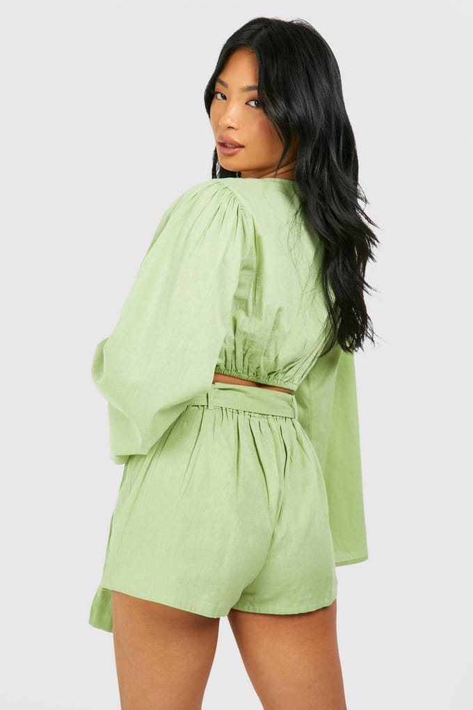 boohoo Dames Petite Linen Look Belted Short | Verstandig | Maat: 42