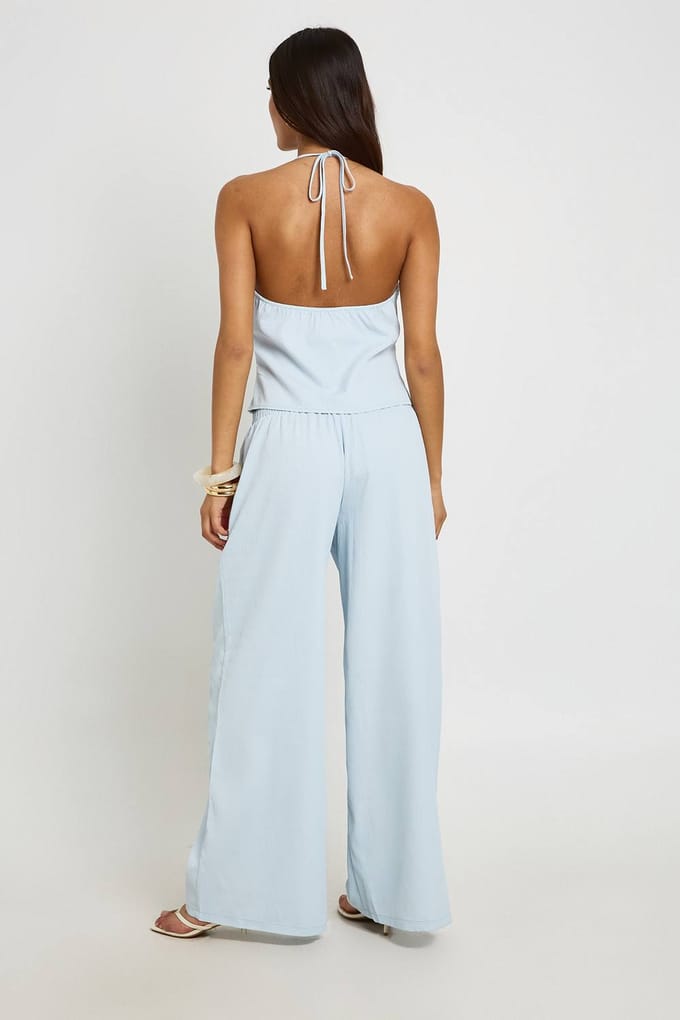 boohoo Dames Gestructureerde Geweven Haltertop En Wijde Broek Set | ijsblauw | Maat: 40