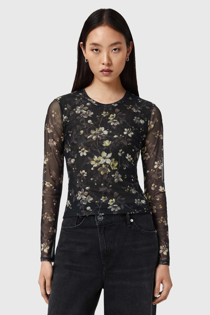 AllSaints Ellie Mesh Ls Tee Vine Black Größe: 8 | Longsleeves Outlet | Damen | Schwarz