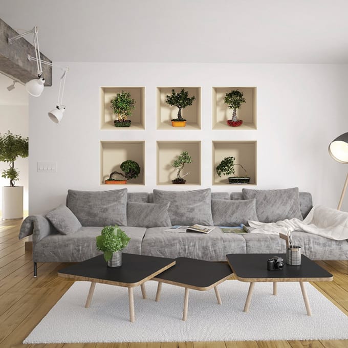 Set van 6 3D bonsai-boomstickers, 60 x 90 cm