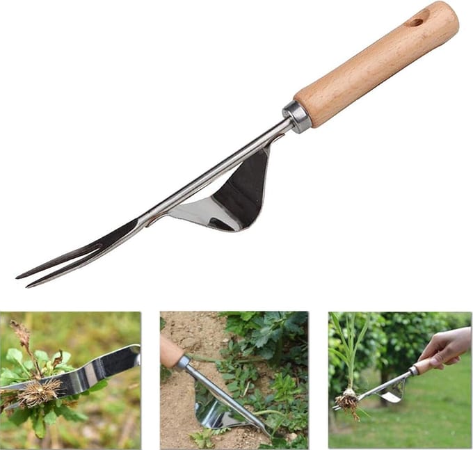 Stainless Steel Manual Weed Killer - Wooden Handle Hand Weed Remover - Gardening Tool