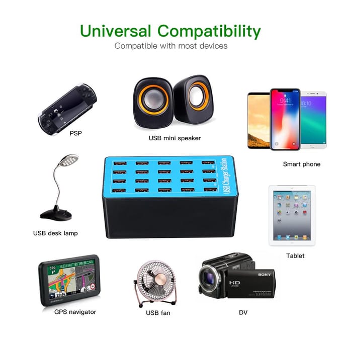 USB slimme oplader met 20 poorten voedingsadapter van universeel compatibiliteitslaadstation voor EU Plug blue