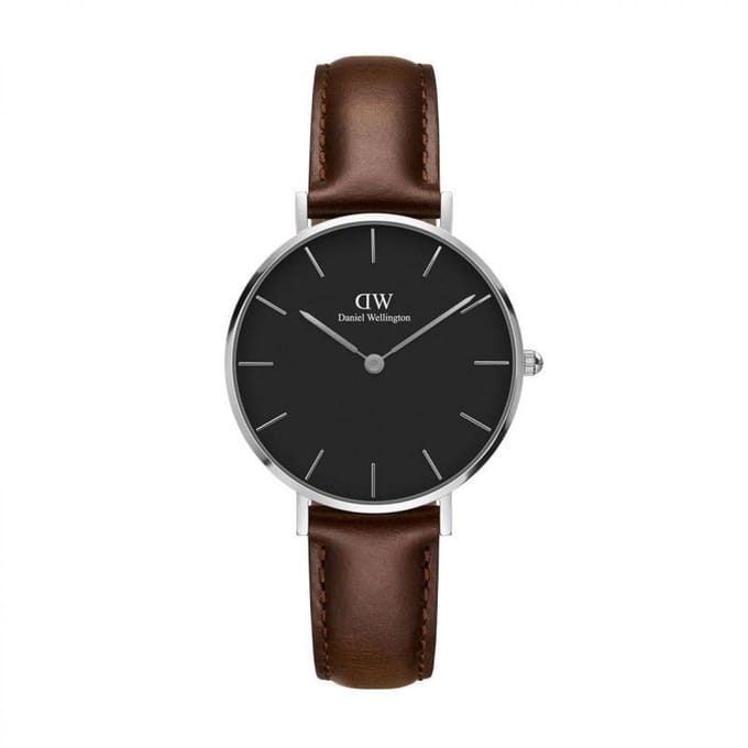Daniel Wellington Petite Silver Bristol Black DW00100177 - Horloge - 32mm - Leer - Bruin