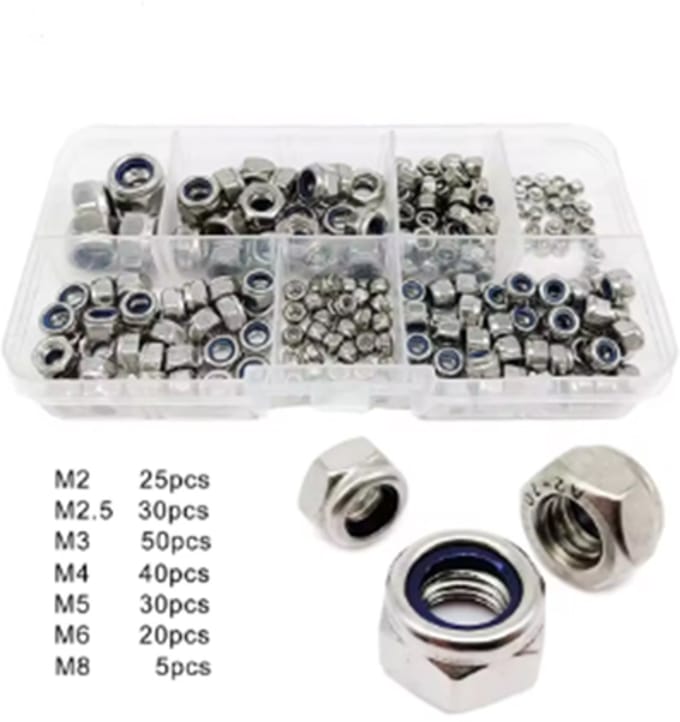 200 stuks RVS DIN985 Hex Nylon Insert Zelfborgende Moer – Nylock Borgmoer Assortiment Kit M2-M8, 304 Roestvrij Staal (A2-70)