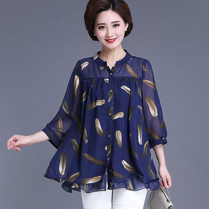 Chiffon Dames Top Zevenpunts Mouw Mid-Lengte Losse Basis Shirt 6XL blauw