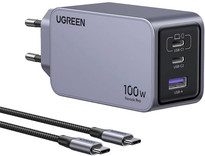 UGREEN Nexode Pro Laadadapter 100 W USB-C bus, USB-C bus, USB-A-bus Zwart, Grijs Binnen GaN