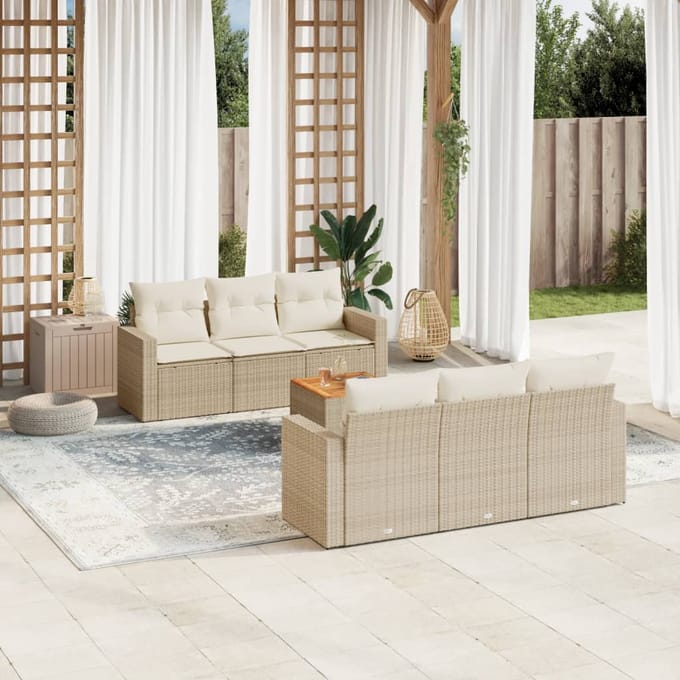 vidaXL - 7-delige - Loungeset - met - kussens - poly - rattan - beige
