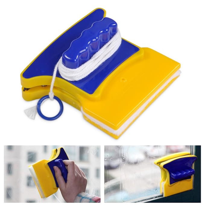 Vierkante dubbelzijdige magnetische glasreiniger met 2 reinigingswatten voor ramen yellow