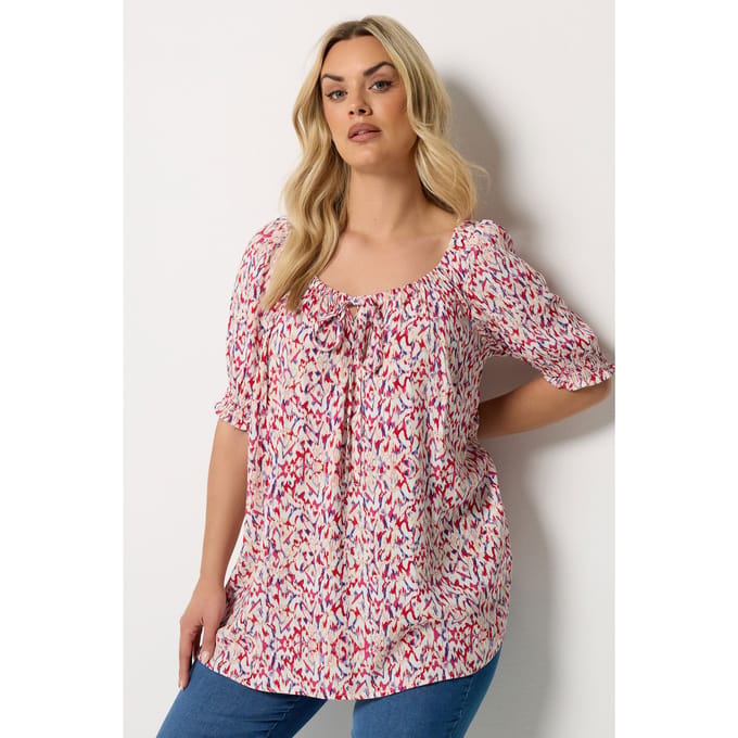Yours Rode Blouse Met Abstracte Print En Striksluiting Size 42