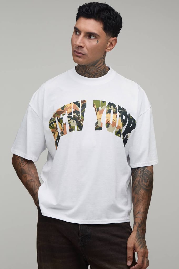 Lang Wit Oversized Boxy New York Camo Print T-shirt | White | Size Large