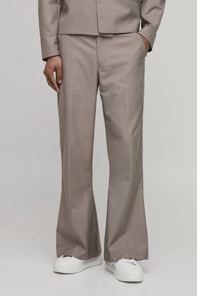 Getailleerde Pakbroek Met Contrasterende Bies En Wijde Pijpen | Taupe | Size 28