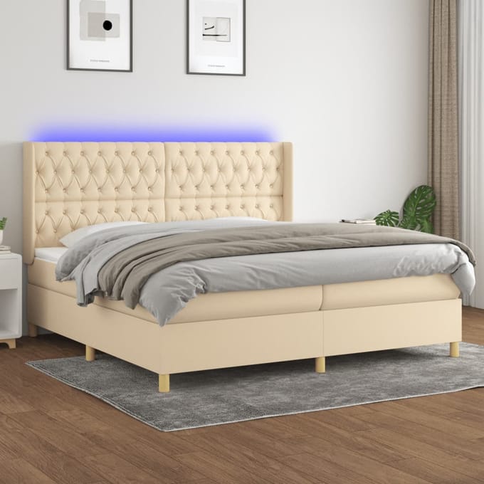 vidaXL - Boxspring - met - matras - en - LED - stof - crèmekleurig - 200x200 - cm