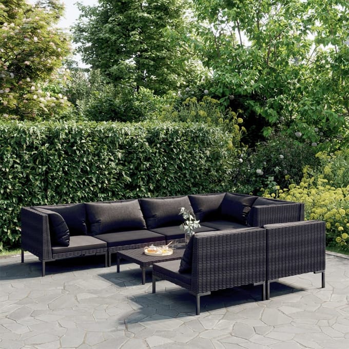vidaXL - 8-delige - Loungeset - met - kussens - poly - rattan - donkergrijs
