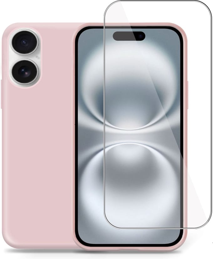 Hoesje + Screenprotector geschikt voor Apple iPhone 16 Plus – Tempered Glass - Liquid Back Case Cover Rose