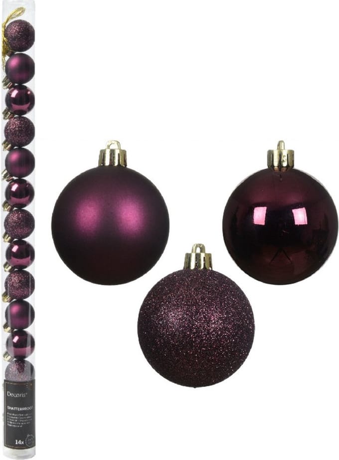 Decoris Mini kerstballen - 14x st - donkerpaars - D3 cm - kunststof - kerstversiering