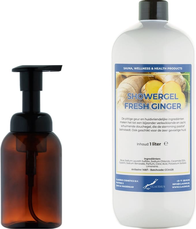 Zeepdispenser 300 ml amber bruin hervulbaar + 1 liter Showergel Fresh Ginger navulling