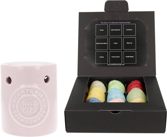 Scentchips Regular Embossed Cadeauset - Waxmelts Geschenkdoos (36 Geurchips) & Geurbrander – Huisparfum Giftbox – Elegant Roze